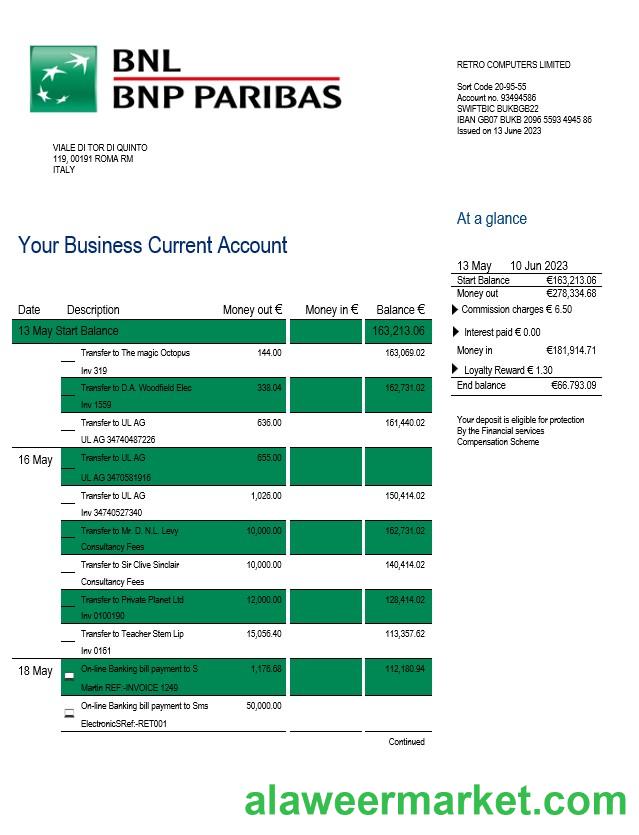 BNL Bank enterprise statement Word and PDF template